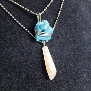 2 necklaces blue druzy crystal with portal shimmery glitter resin crystal point